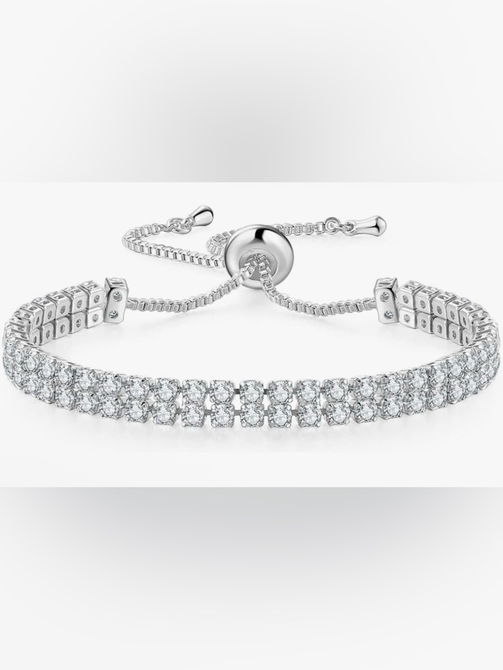 Silver 3MM CZ Double Band Tennis Bracelet Adjustable Size Slider Closure